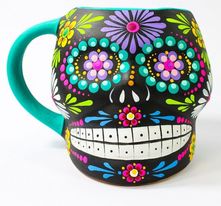 Traditional Hand Painted Mexican Skull Clay Mug