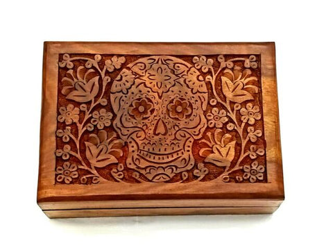 Wood Carved Sugar Skull Jewelry  Box