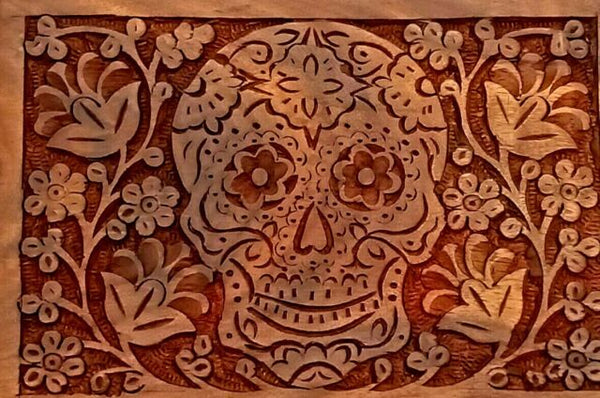 Wood Carved Sugar Skull Jewelry  Box